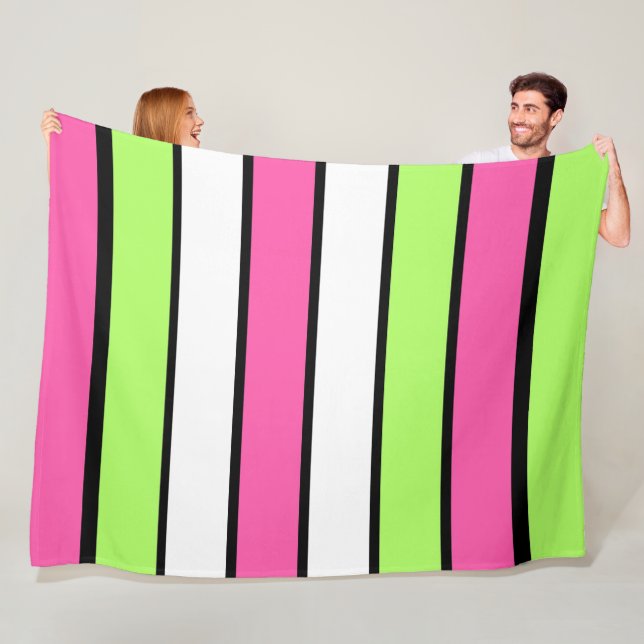 Hot Pink, Lime Green, Black and White Stripes Fleece Blanket (In Situ)