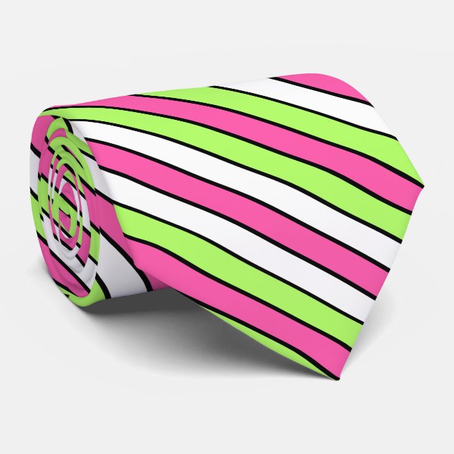 Hot Pink, Lime Green, Black and White Stripes Neck Tie (Rolled)