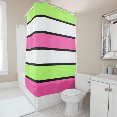 Hot Pink Lime Green Black and White Stripes Shower Curtain