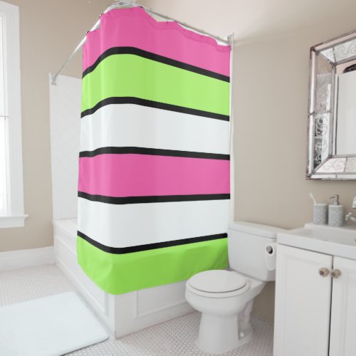 Hot Pink Lime Green Black and White Stripes Shower Curtain