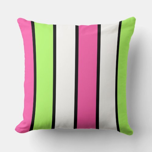 Hot Pink Lime Green Black and White Stripes Throw Pillow