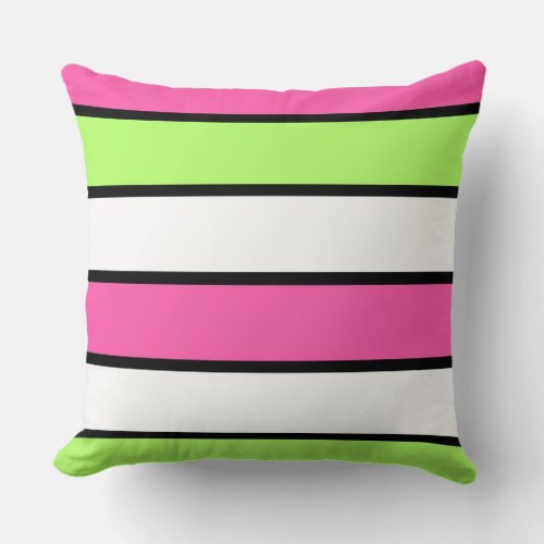 Hot Pink Lime Green Black and White Stripes Throw Pillow