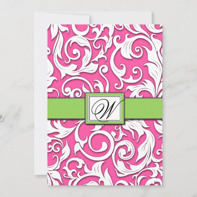 Hot Pink & Lime Green Damask Wedding Invitations (Front)
