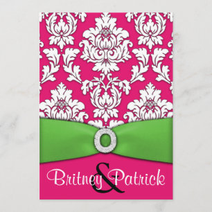 Hot Pink & Lime Green Damask Wedding Invitations