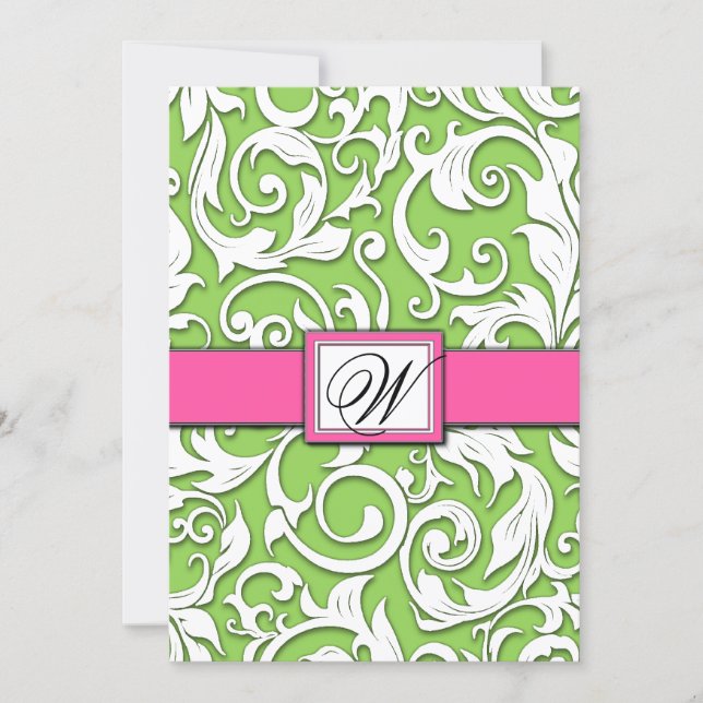 Hot Pink & Lime Green Damask Wedding Invitations (Front)