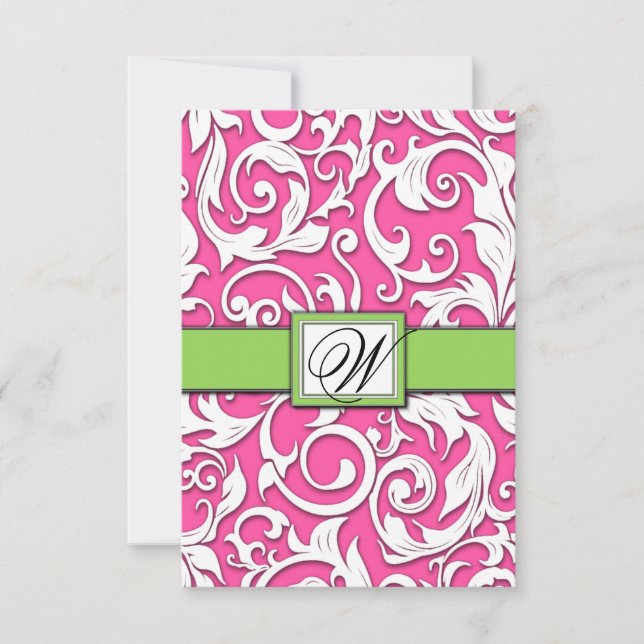 Hot Pink & Lime Green Damask Wedding RSVP Cards (Front)