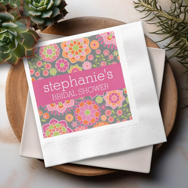 Hot Pink & Lime Green Flowers - Bridal Shower Paper Napkins (Custom Bridal Shower Napkins)