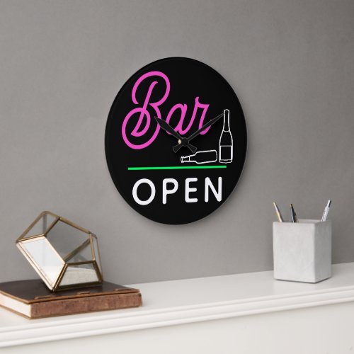 Hot Pink Lime Green White Retro Bar Open on Black Large Clock