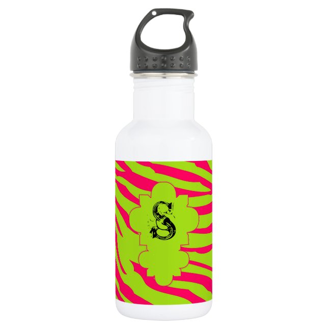 Hot Pink Lime Zebra Print 32. oz. Stainless Steel Water Bottle (Front)