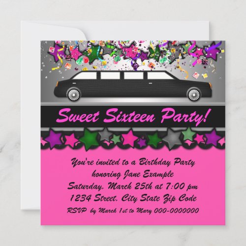 Hot Pink Limousine Birthday Party Invitation