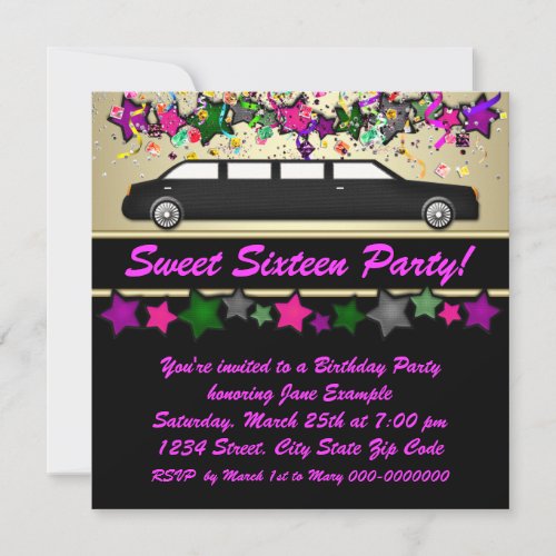 Hot Pink Limousine Sweet Sixteen Party Invitations