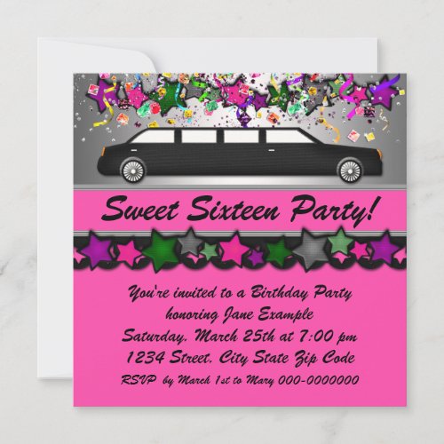 Hot Pink Limousine Sweet Sixteen Party Invitations