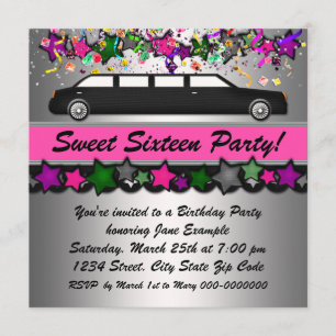 Hot Pink Limousine Sweet Sixteen Party Invitations
