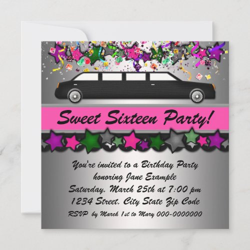 Hot Pink Limousine Sweet Sixteen Party Invitations