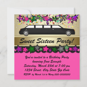Hot Pink Limousine Sweet Sixteen Party Invitations