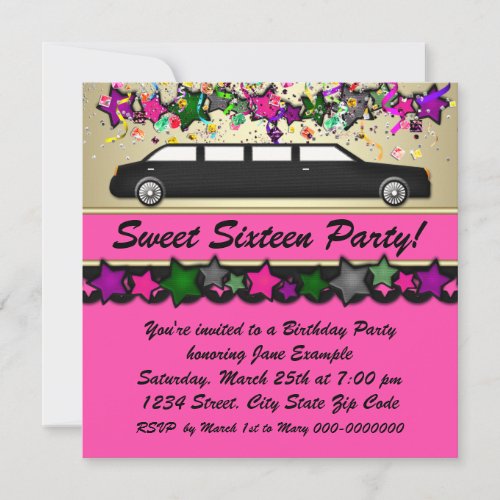 Hot Pink Limousine Sweet Sixteen Party Invitations