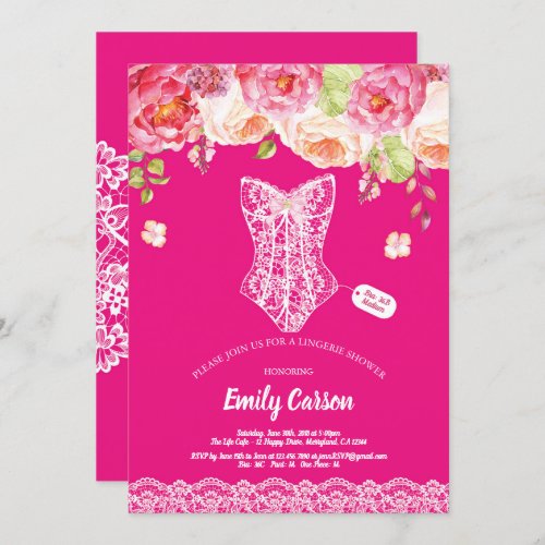 Hot pink lingerie shower bridal party floral invitation