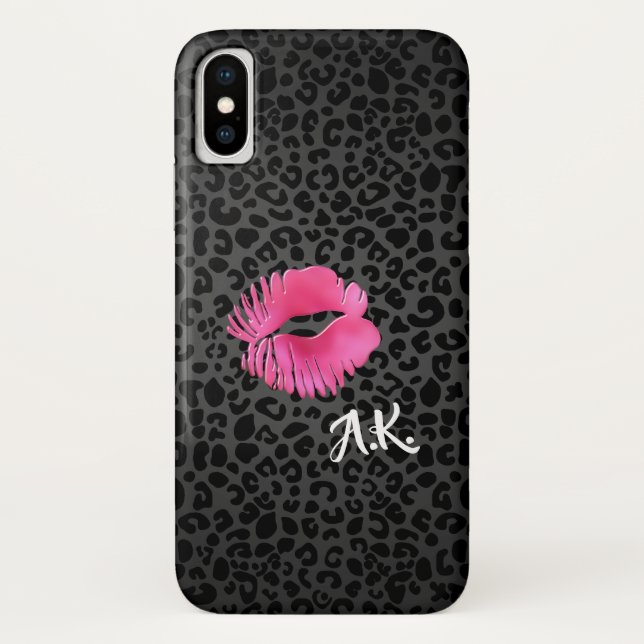 Hot Pink Lipgloss Kiss Black Leopard With Monogram Case-Mate iPhone Case (Back)