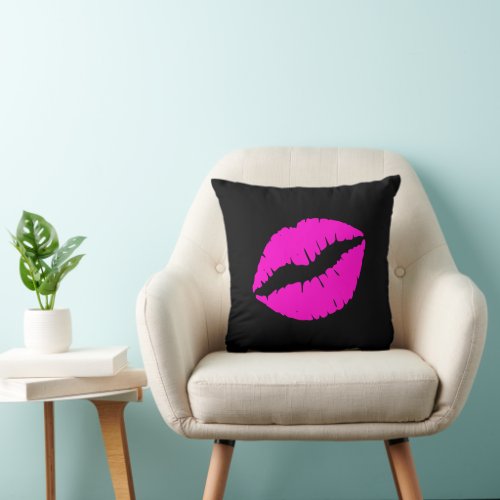 Hot Pink Lips Black Throw Pillow