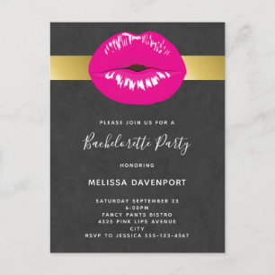 Hot Pink Lips Glamorous Bachelorette Invitation Postcard