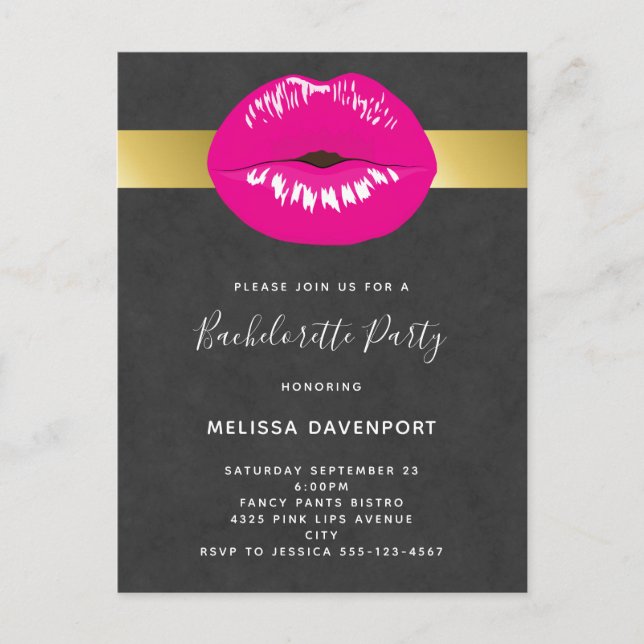 Hot Pink Lips Glamorous Bachelorette Invitation Postcard (Front)