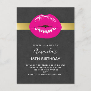 Hot Pink Lips Glamorous Birthday Invitation Postcard