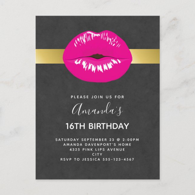 Hot Pink Lips Glamorous Birthday Invitation Postcard (Front)