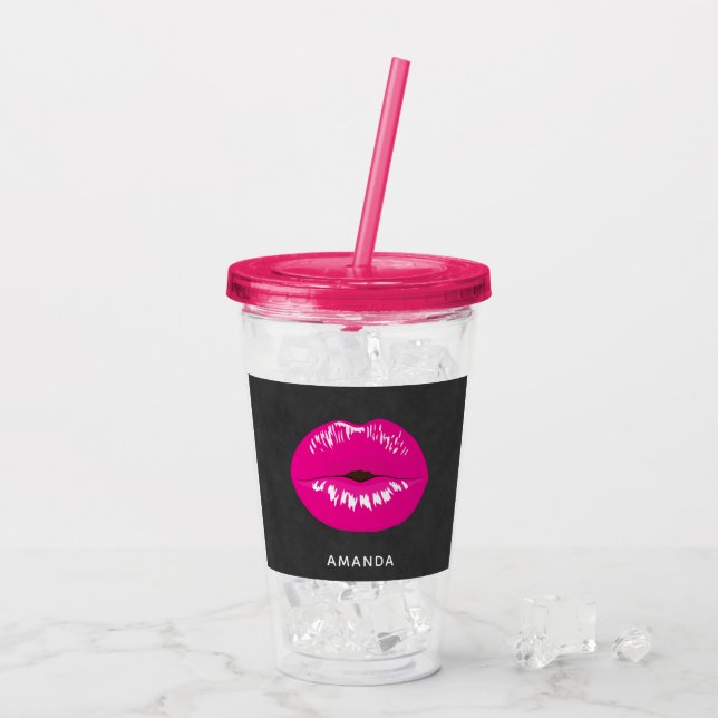 Hot Pink Lips Glamorous Illustration Acrylic Tumbler (Back Ice)