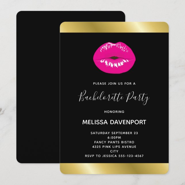 Hot Pink Lips Glamorous Illustration Bachelorette Invitation (Front/Back)