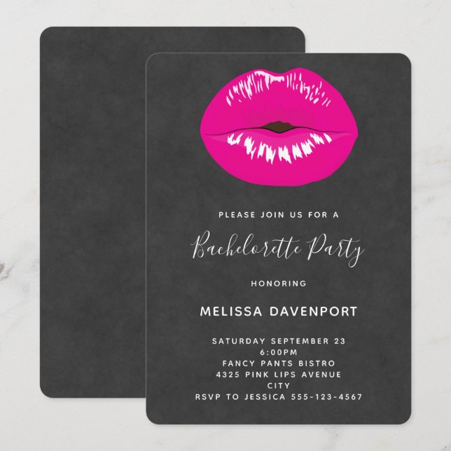 Hot Pink Lips Glamorous Illustration Bachelorette Invitation (Front/Back)