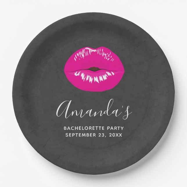 Hot Pink Lips Glamorous Illustration Bachelorette Paper Plates (Front)