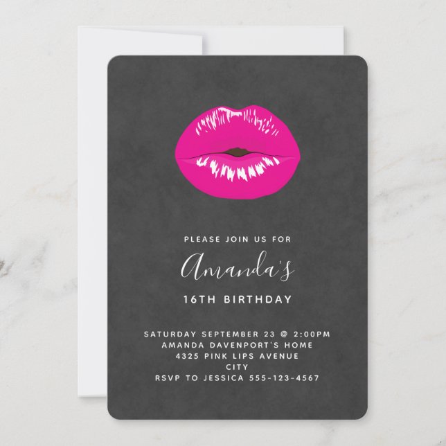 Hot Pink Lips Glamorous Illustration Birthday Invitation (Front)