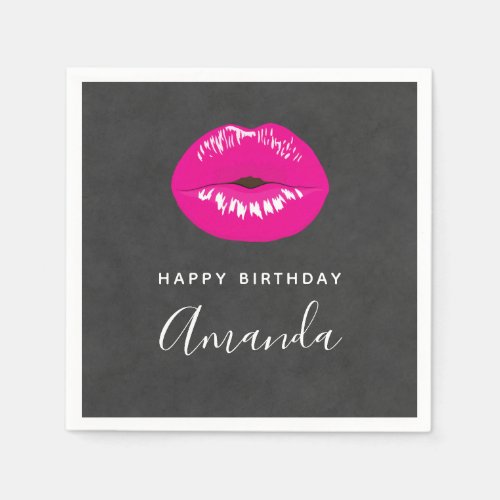 Hot Pink Lips Glamorous Illustration Birthday Napkins