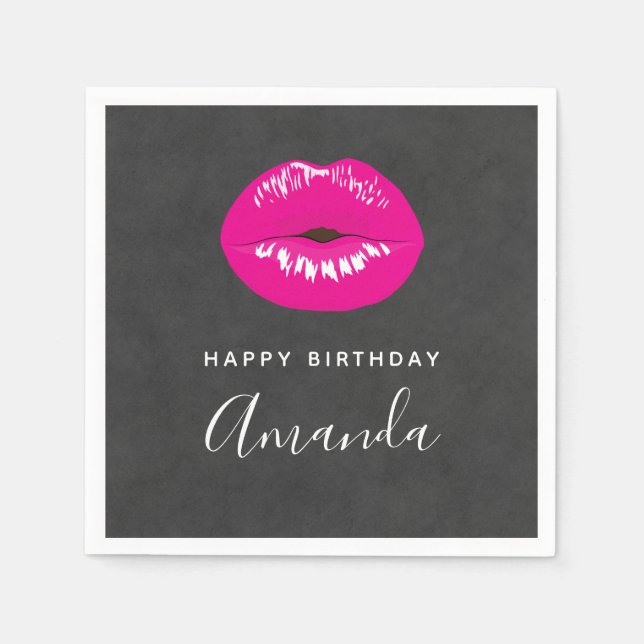 Hot Pink Lips Glamorous Illustration Birthday Napkins (Front)