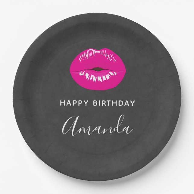 Hot Pink Lips Glamorous Illustration Birthday Paper Plates (Front)