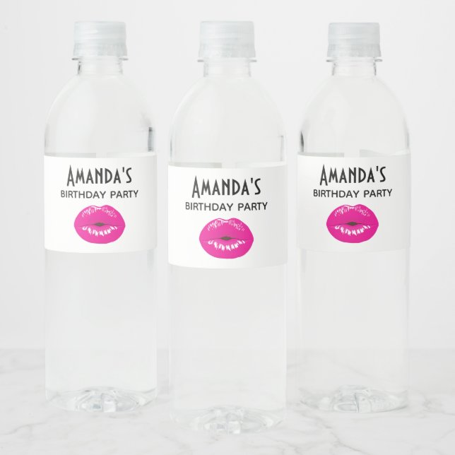 Hot Pink Lips Glamorous Illustration Birthday Water Bottle Label (Bottles)