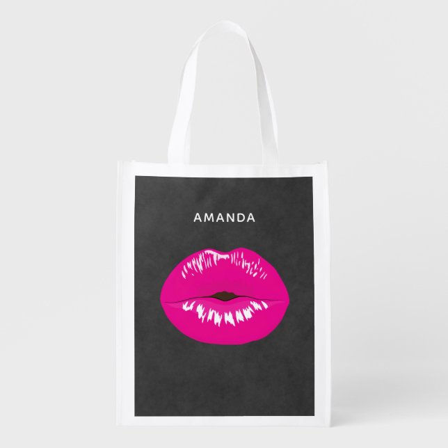 Hot Pink Lips Glamorous Illustration Grocery Bag (Front)