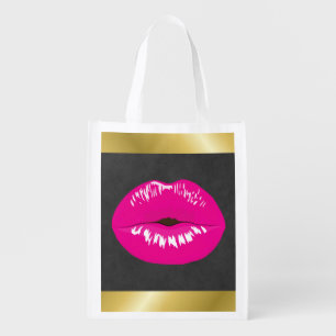 Hot Pink Lips Glamorous Illustration Grocery Bag