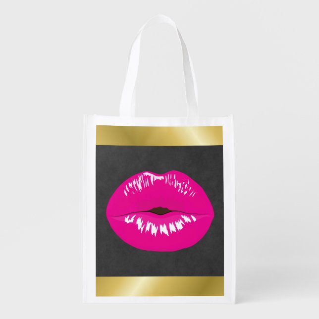 Hot Pink Lips Glamorous Illustration Grocery Bag (Front)