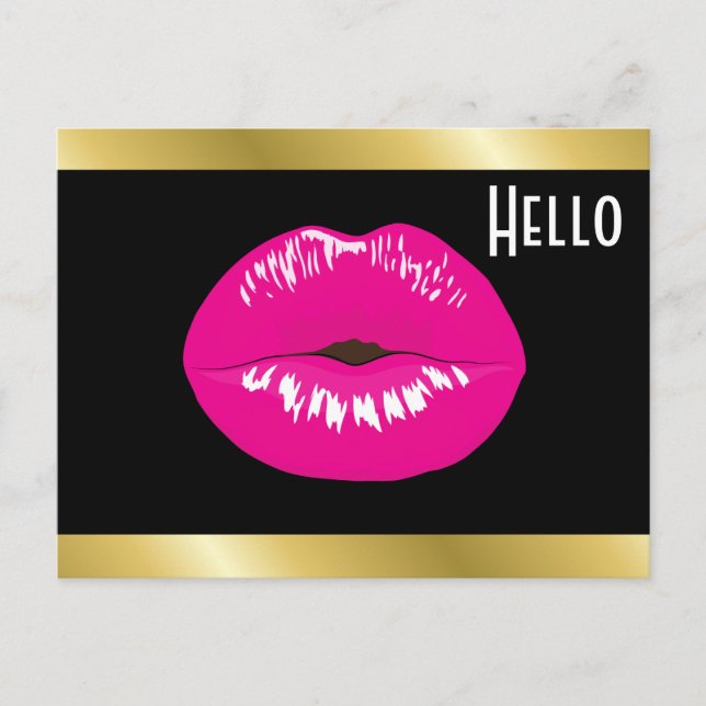 Hot Pink Lips Glamorous Illustration Hello Postcard (Front)