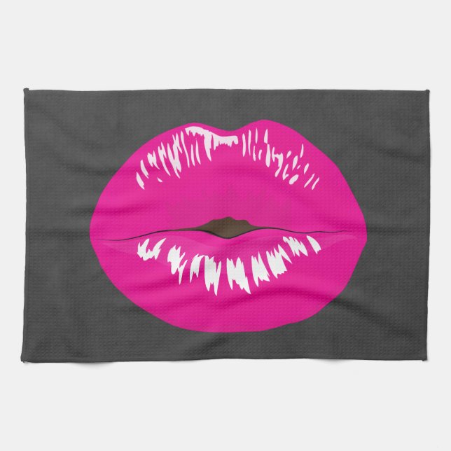 Hot Pink Lips Glamorous Illustration Kitchen Towel (Horizontal)