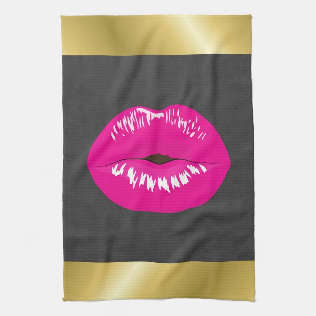 Hot Pink Lips Glamorous Illustration Kitchen Towel (Vertical)