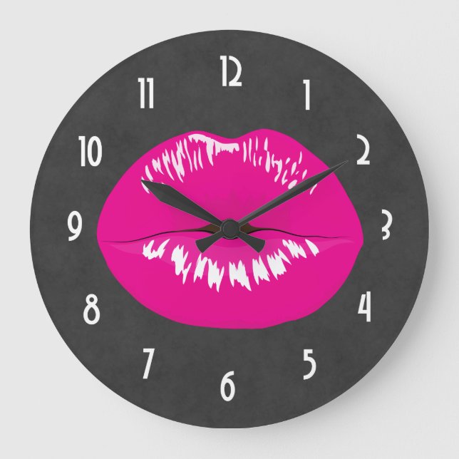 Hot Pink Lips Glamorous Illustration Large Clock (Front)