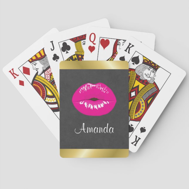 Hot Pink Lips Glamorous Illustration Poker Cards (Back)