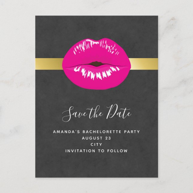 Hot Pink Lips Glamorous Illustration Save the Date Invitation Postcard (Front)