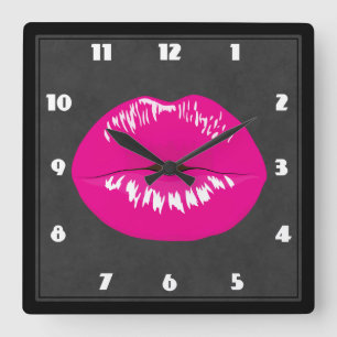Hot Pink Lips Glamorous Illustration Square Wall Clock