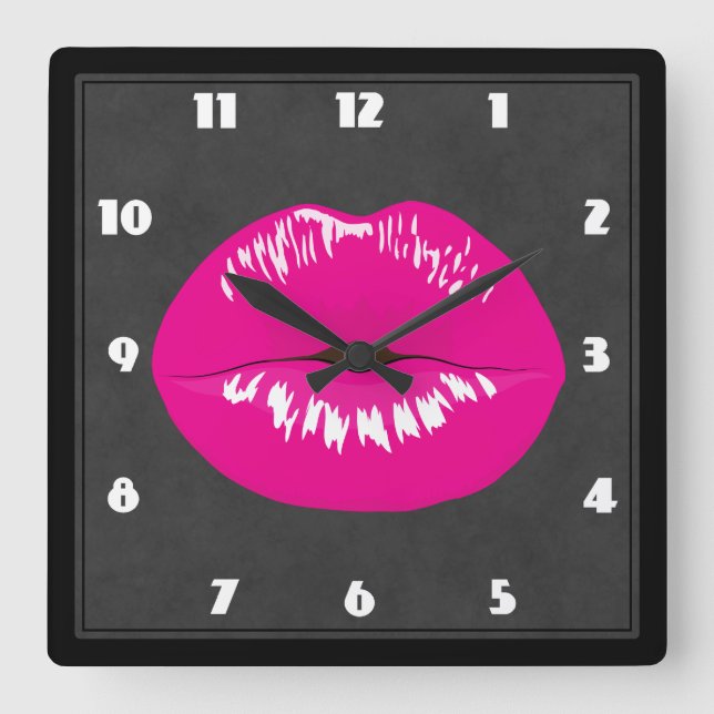 Hot Pink Lips Glamorous Illustration Square Wall Clock (Front)