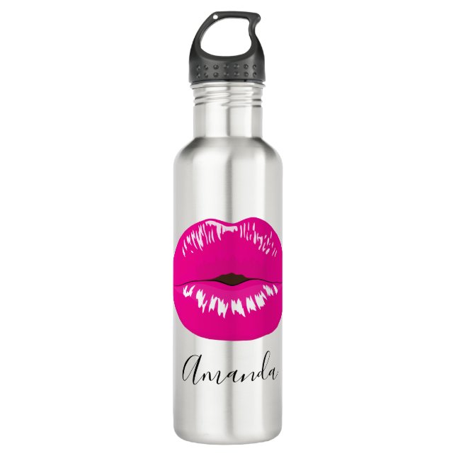 Hot Pink Lips Glamorous Illustration Stainless Steel Water Bottle (Front)