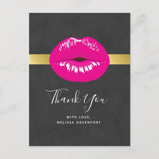 Hot Pink Lips Glamorous Illustration Thank You Postcard (Front)