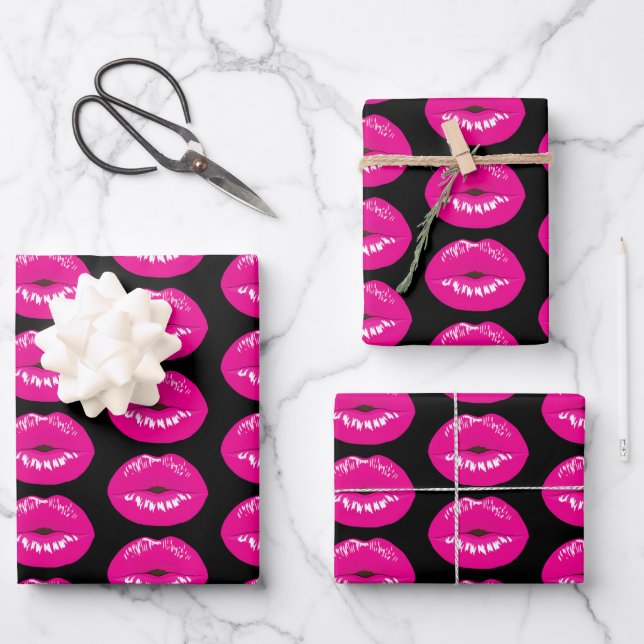 Hot Pink Lips Glamorous Illustration Wrapping Paper Sheets (Front)